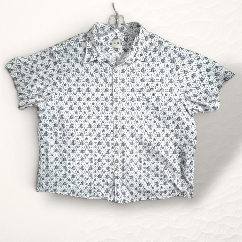 ROWM Button Up Shirt Mens 3XB White Coastal Palm Tree Print Short Sleeve Cotton